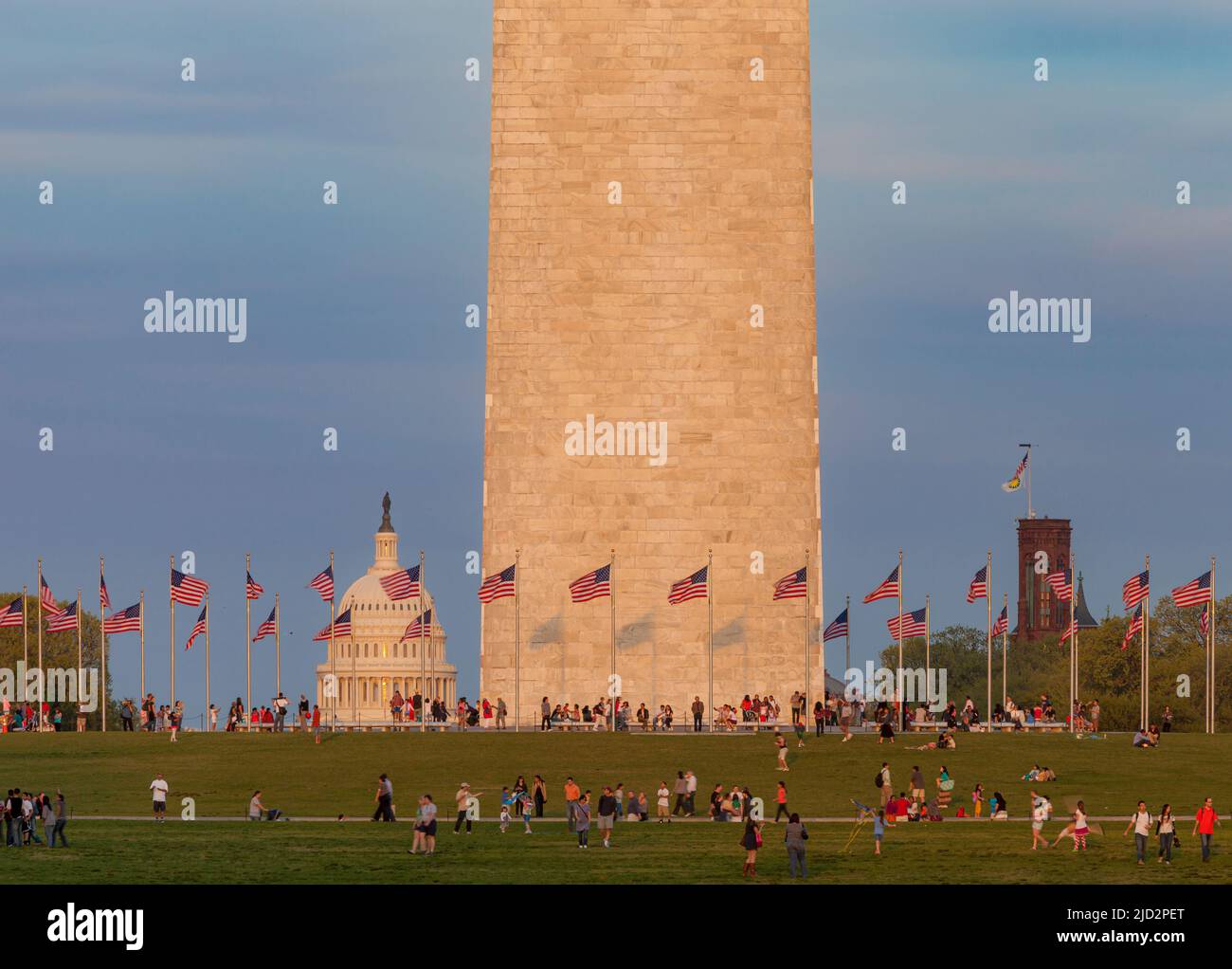 Last rays of sunlight on the Washington Memorial and dome of the US Capitol Building, Washington, DC, USA Stock Photo