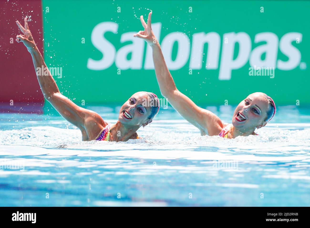 BUDAPEST, HUNGARY - JUNE 17: Linda Cerruti of Italy and Costanza Ferro of Italy competing at the Women Solo Technical during the FINA World Aquatics Championships Artistic Swimming at Szechy Outdoor Pool on June 17, 2022 in Budapest, Hungary (Photo by Nikola Krstic/Orange Pictures) Stock Photo
