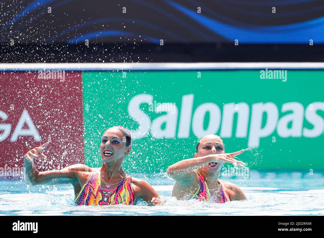 BUDAPEST, HUNGARY - JUNE 17: Linda Cerruti of Italy and Costanza Ferro of Italy competing at the Women Solo Technical during the FINA World Aquatics Championships Artistic Swimming at Szechy Outdoor Pool on June 17, 2022 in Budapest, Hungary (Photo by Nikola Krstic/Orange Pictures) Stock Photo