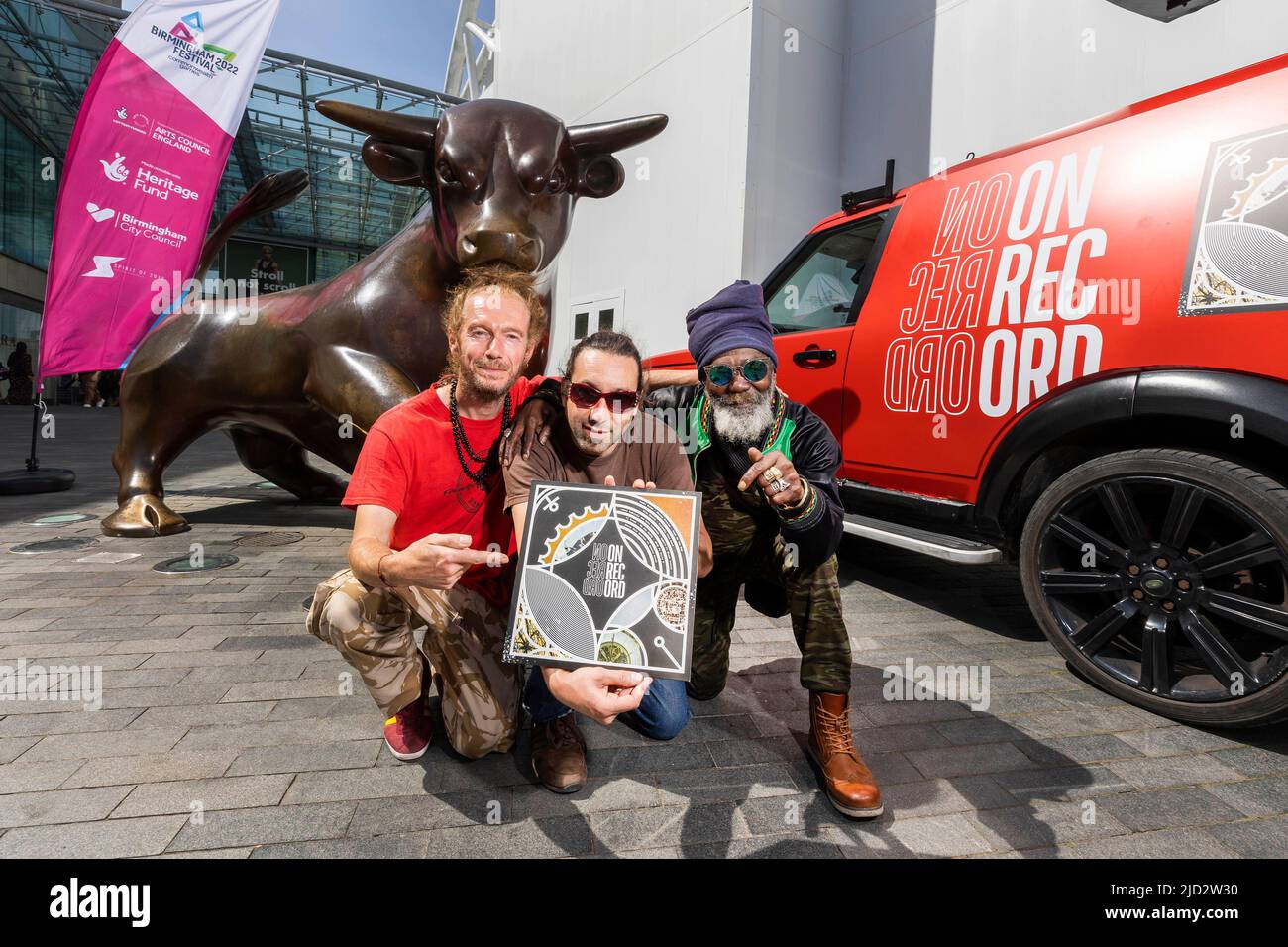 EDITORIAL USE ONLY (left to right) Friendly Fire Band members Bongo Damo, Robi Don and Tomlin Mystic at the Bullring in Birmingham, to mark the release of 'On Record', a concept album specially produced and commissioned by Birmingham Music Archive for the Birmingham 2022 Festival. Picture date: Friday June 17, 2022. Stock Photo