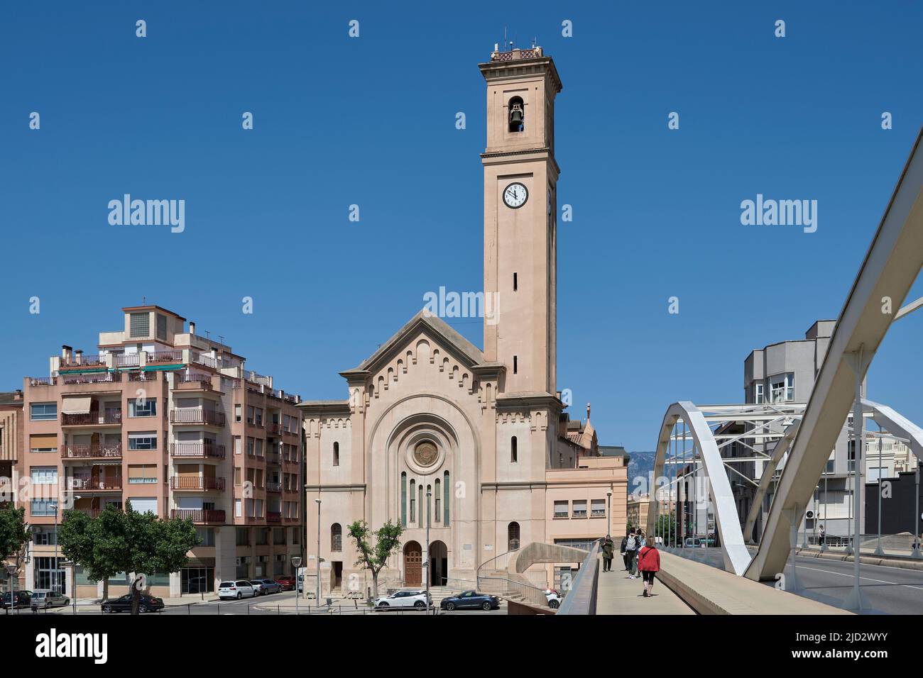 Mare de Déu del Roser parish on the corner of the bridge with the Ebro river, Tortosa, Tarragona, Catalonia, Spain, Europe Stock Photo