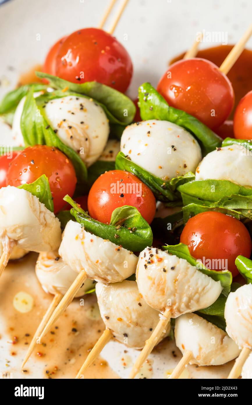 Homemade Fresh Caprese Skewer Appetizer with Tomato Basil and
