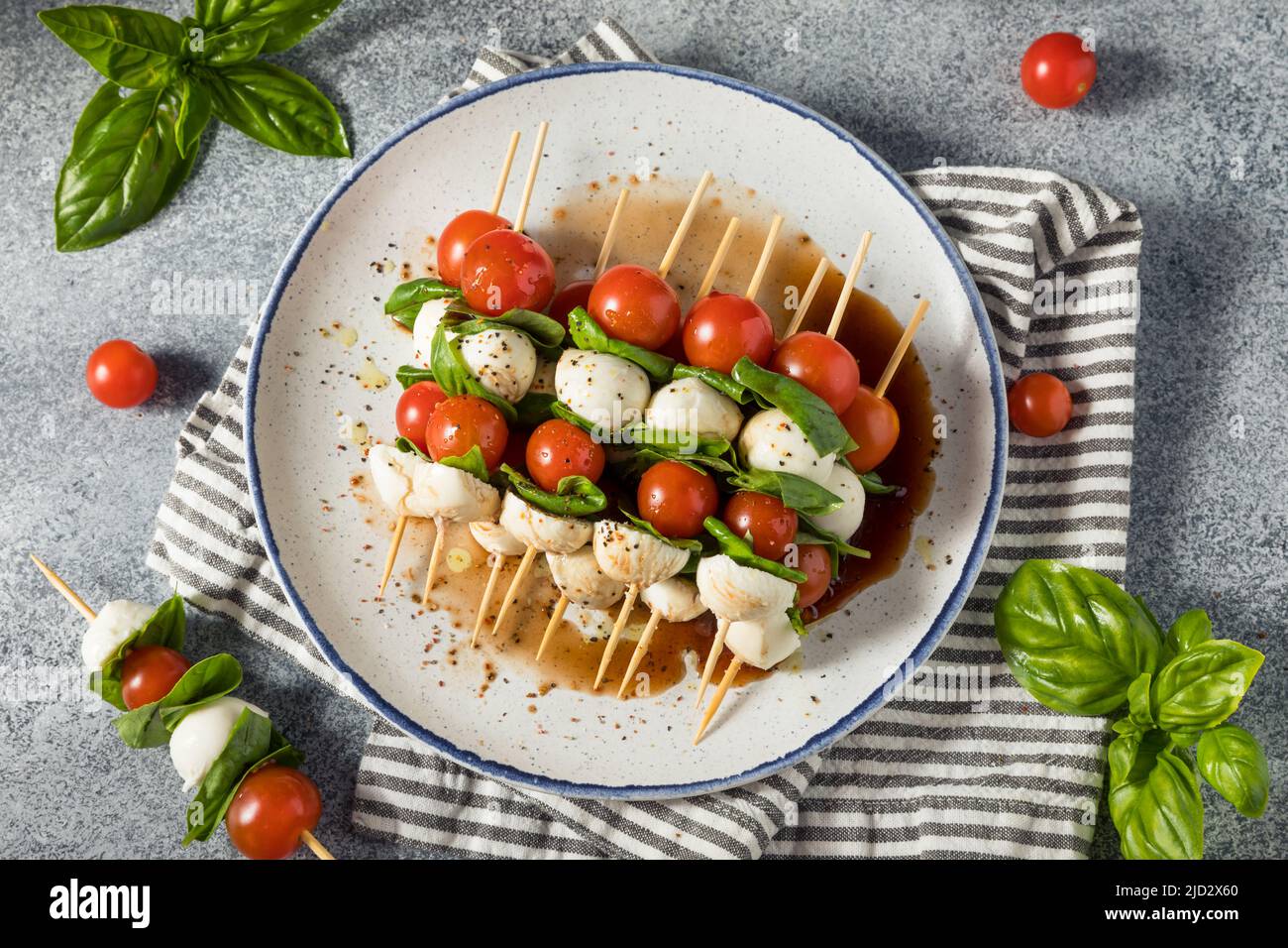 Homemade Fresh Caprese Skewer Appetizer with Tomato Basil and