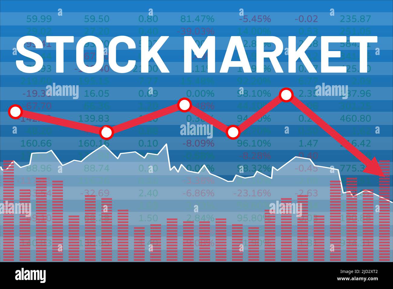 Words Stock market on blue finance background with red arrow. Downtrend ...