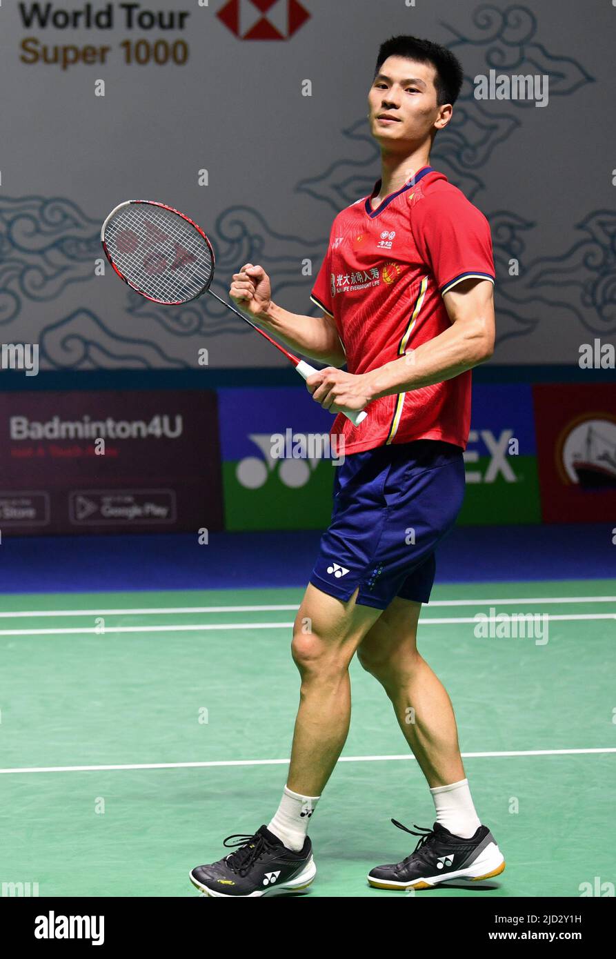 Jakarta, Indonesia. 17th June, 2022. Zhao Junpeng of China celebrates after the men's singles quarterfinals match against Lee Cheuk Yiu of China's Hong Kong at Indonesia Open 2022 at the Istora Senayan sports stadium in Jakarta, Indonesia, June 17, 2022. Credit: Xu Qin/Xinhua/Alamy Live News Stock Photo