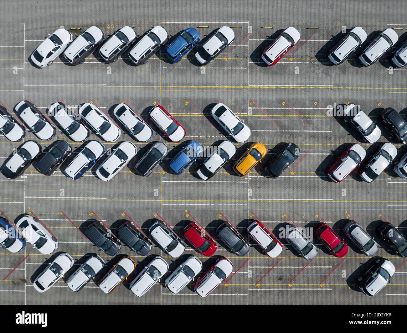 Aerial view new car lined up in the port for import and export business logistic to dealership for sale, Automobile and automotive car parking lot for Stock Photo