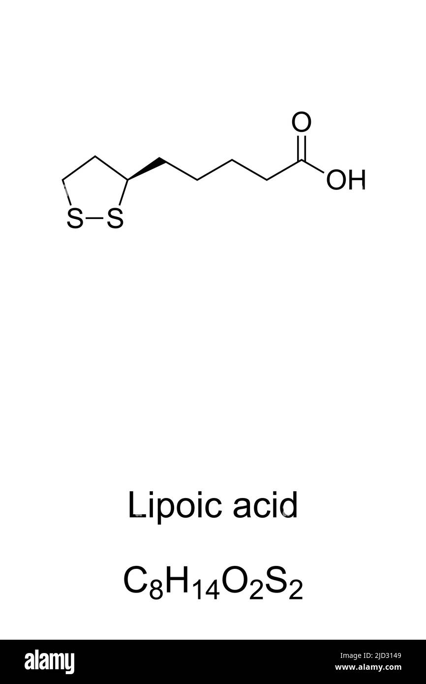Lipoic acid, LA, chemical formula and structure. Also known as alpha lipoic acid, ALA, or thioctic acid. Organosulfur compound. Stock Photo