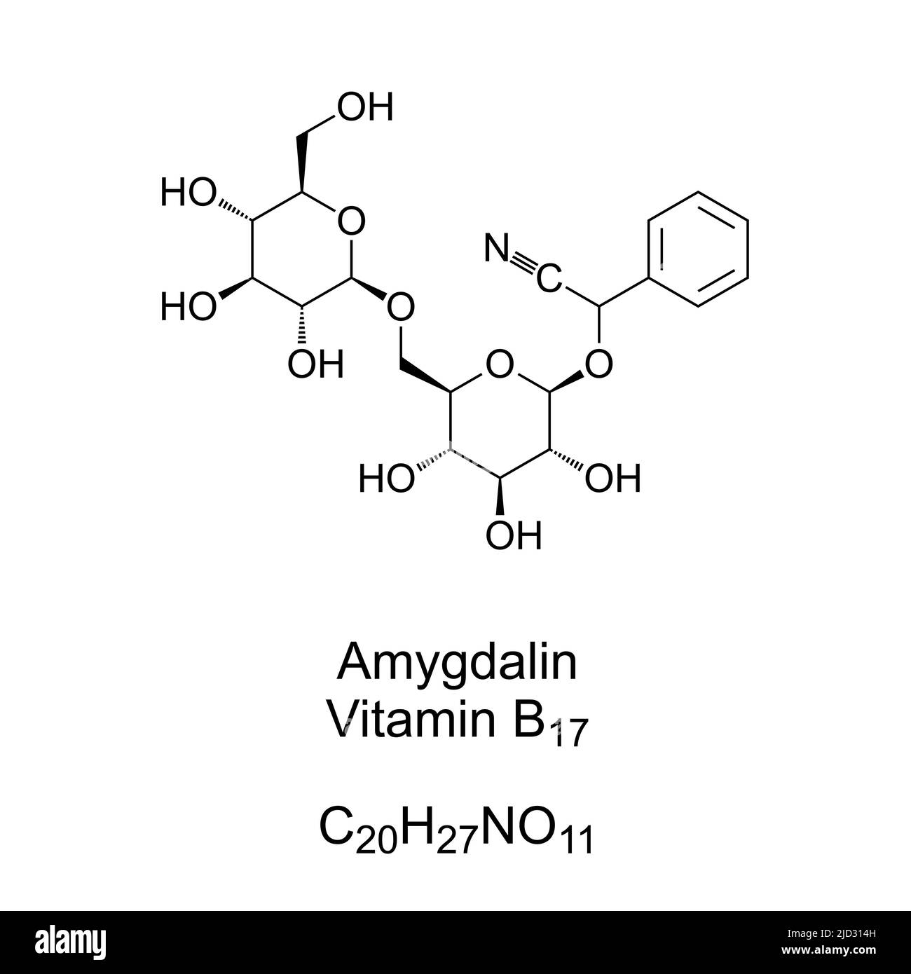Amygdalin, with the misnomer vitamin B17, chemical formula and structure. Naturally occurring chemical compound, found in kernels of almonds. Stock Photo