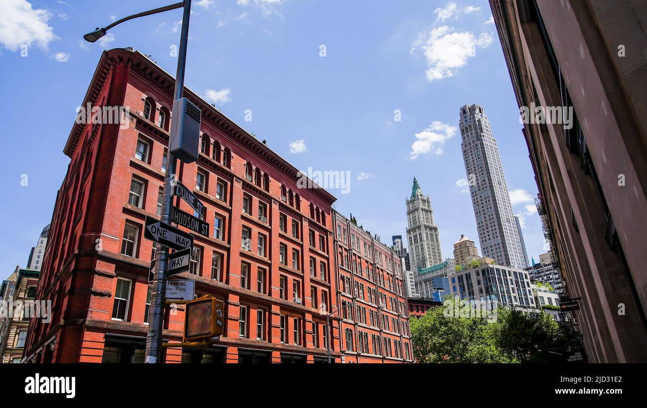 NEW YORK, NY - JUNE 9, 2022:  Modern and historic architecture view from Duane street and Hudson Street in Tribeca west historic district Stock Photo