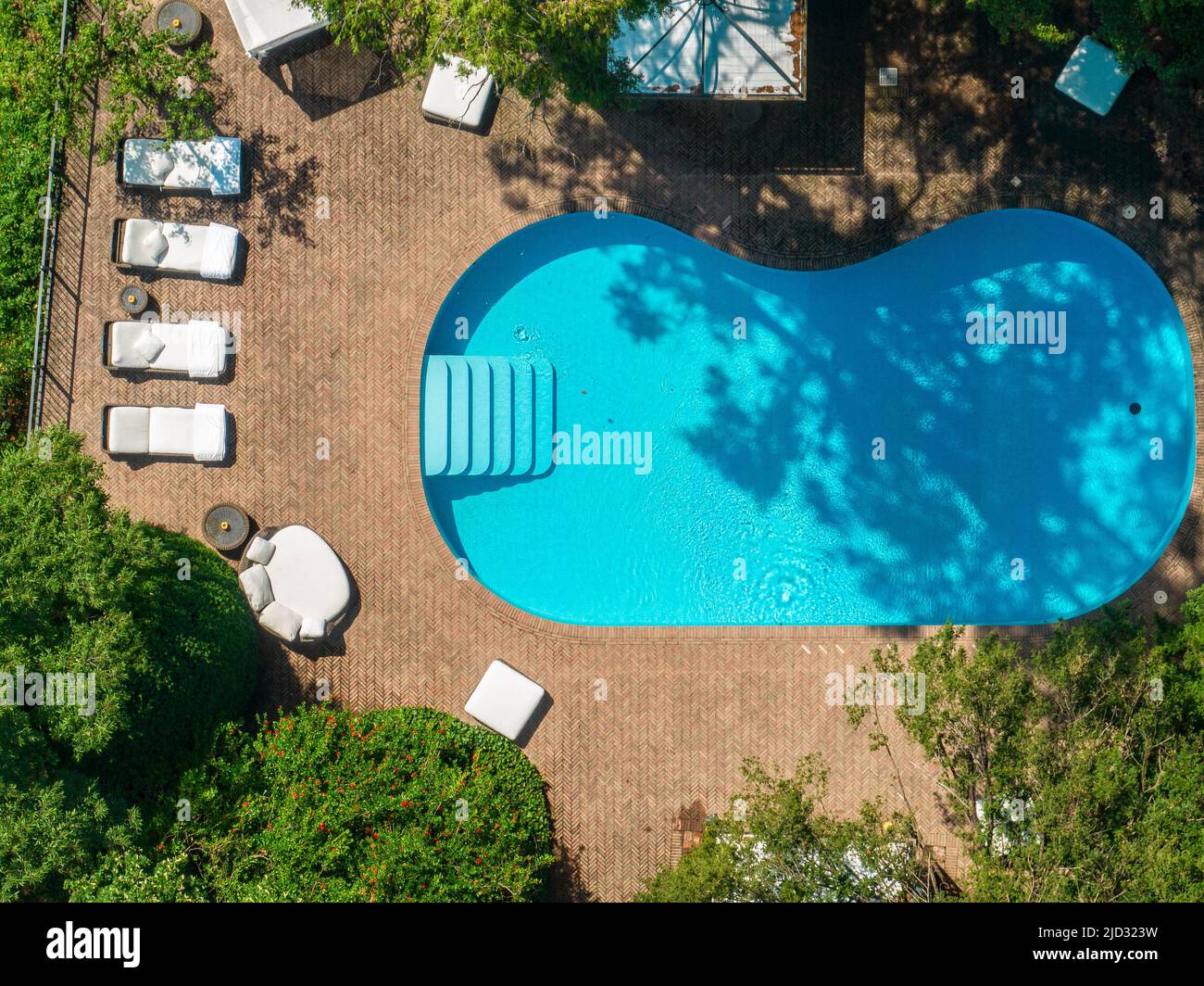 Aerial view of a swimming pool, relaxation and resort, benches and seating. Hammock. How to relax surrounded by greenery. Transparent and crystalline Stock Photo