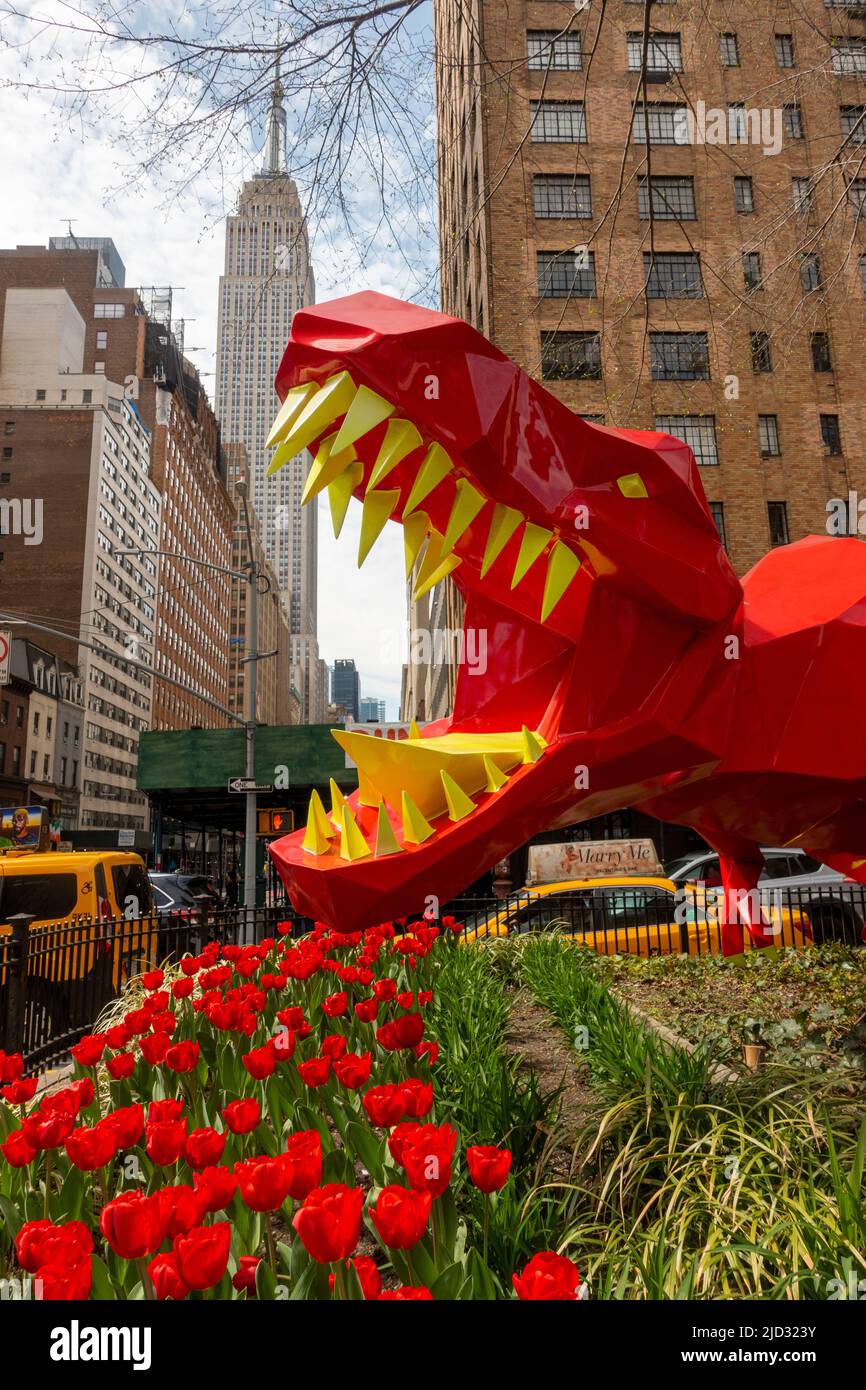 Rexor the T Rex geometric dinosaur sculpture Park Avenue in Manhattan NYC Stock Photo