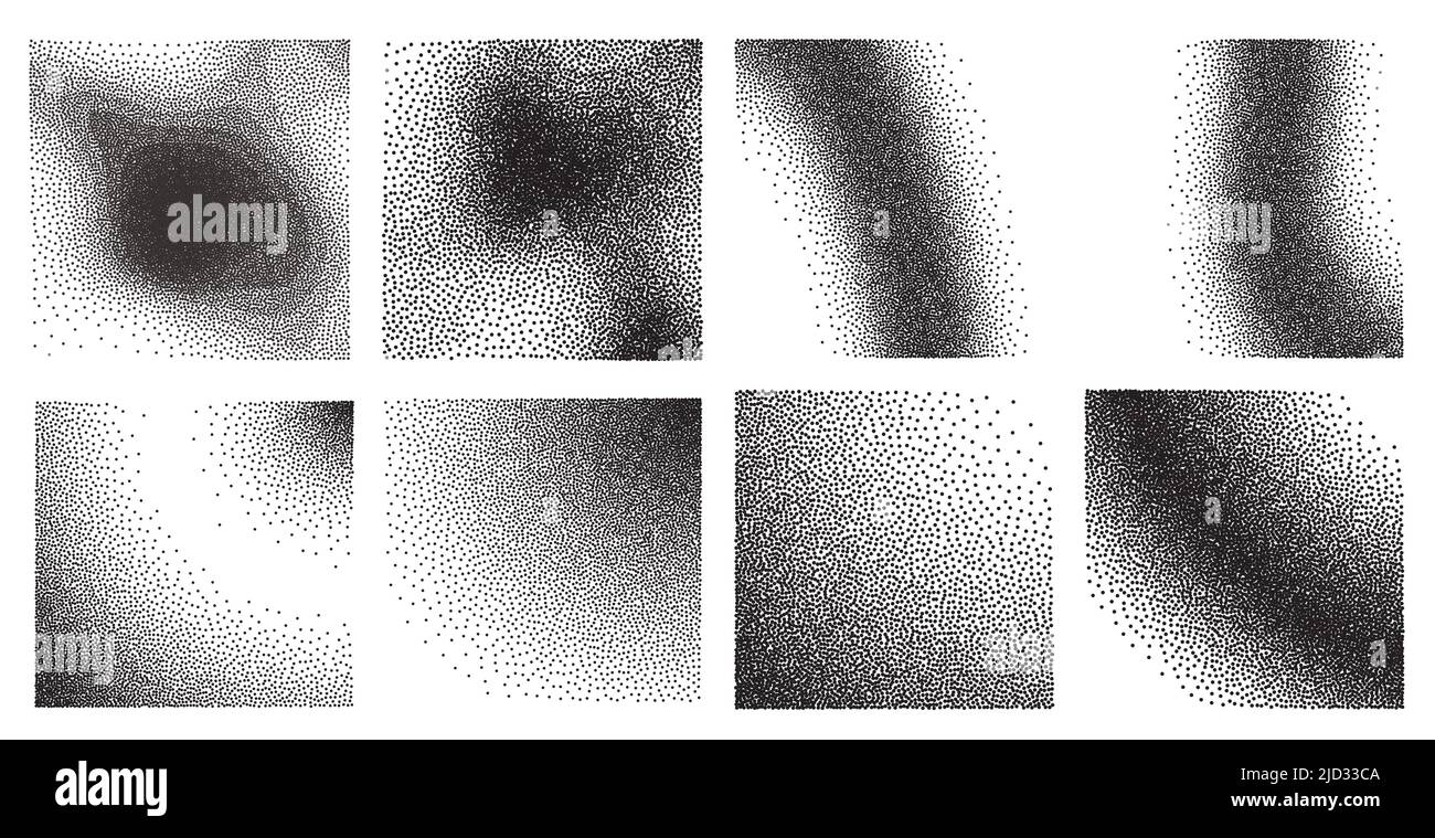 Trendy abstract stipple grunge texture set in pop art style. Dotwork gradient pattern. Vector halftone dotwork gradient. EPS 10. Stock Vector
