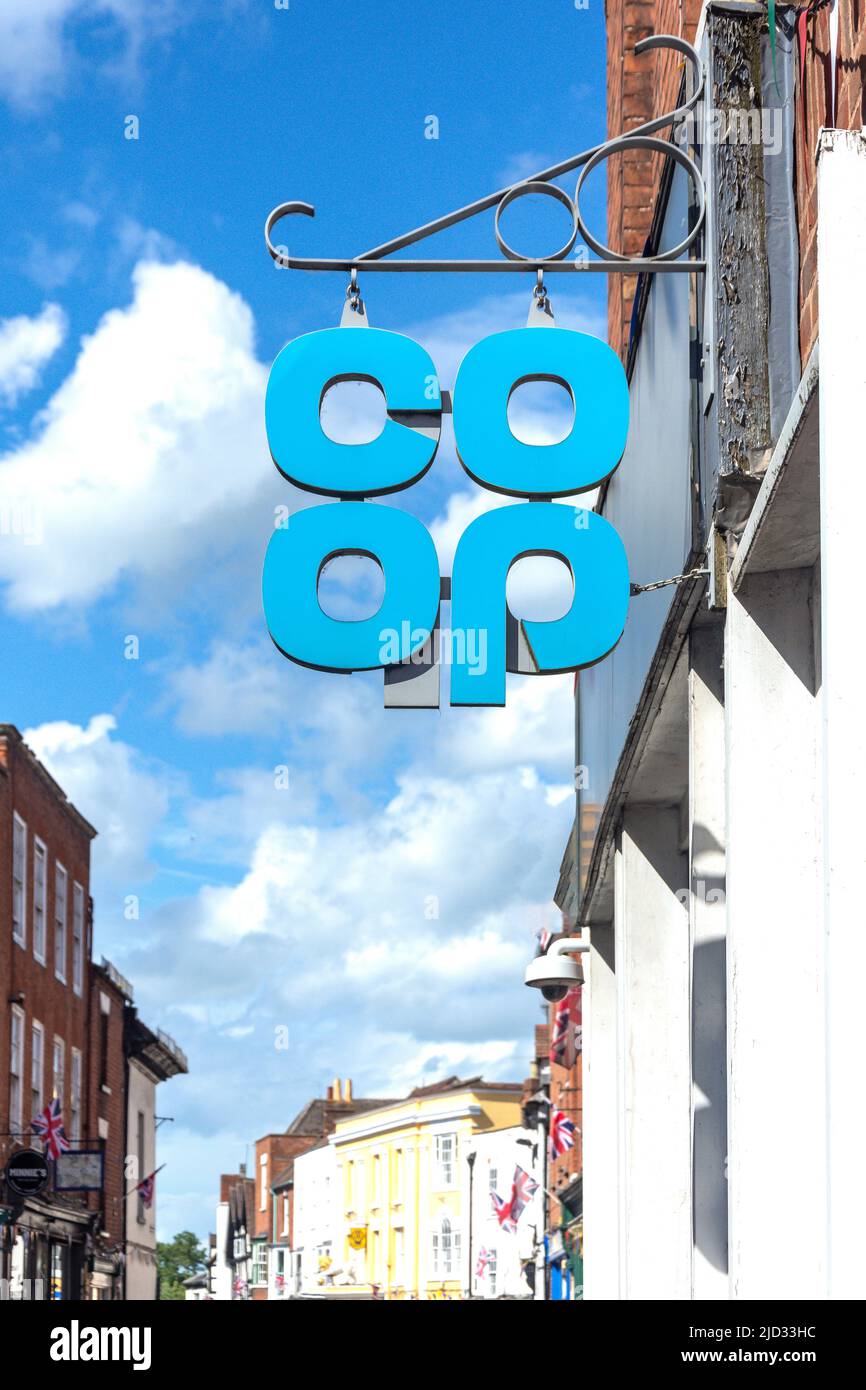 Co-op Supermarket sign, Old Street, Upton-upon-Severn, Worcestershire, England, United Kingdom Stock Photo