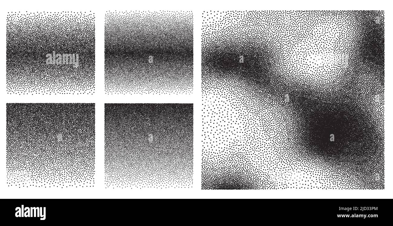 Trendy abstract stipple grunge texture set in pop art style. Dotwork gradient pattern. Vector halftone dotwork gradient. EPS 10. Stock Vector