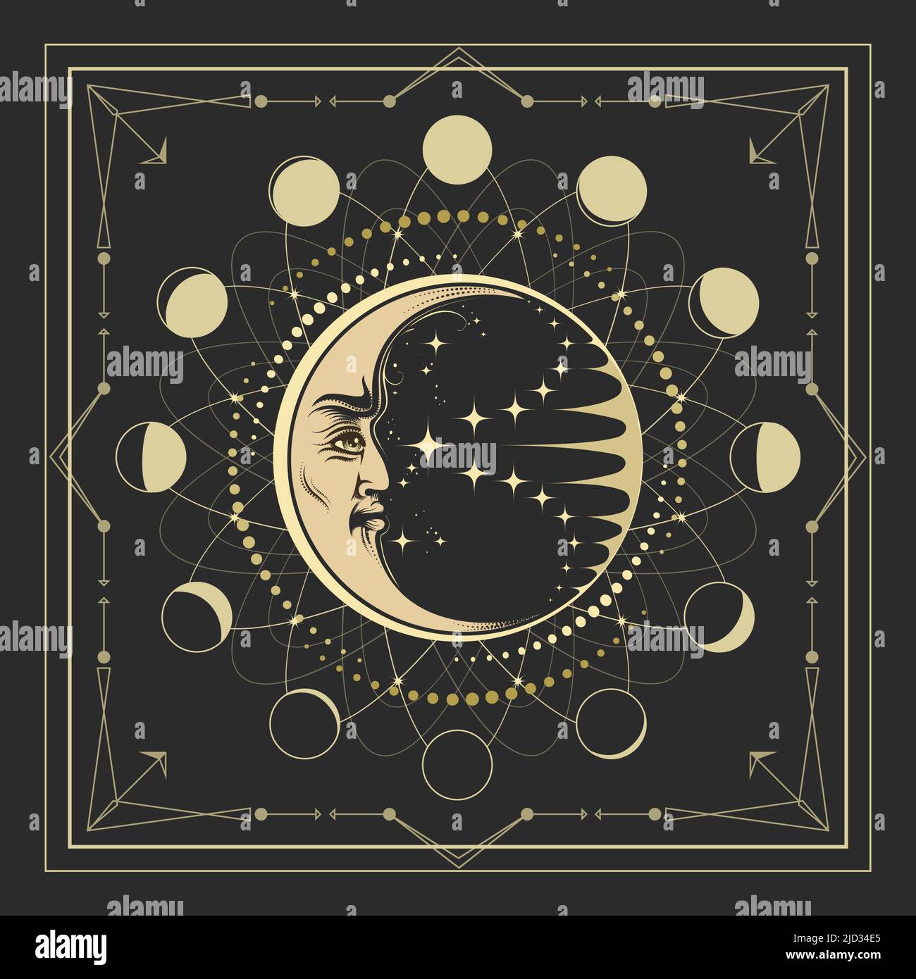 Astrological Emblem of Crescend Moon and Circle of Lunar Phases isolated on Black background. Vector Illustration. Stock Vector