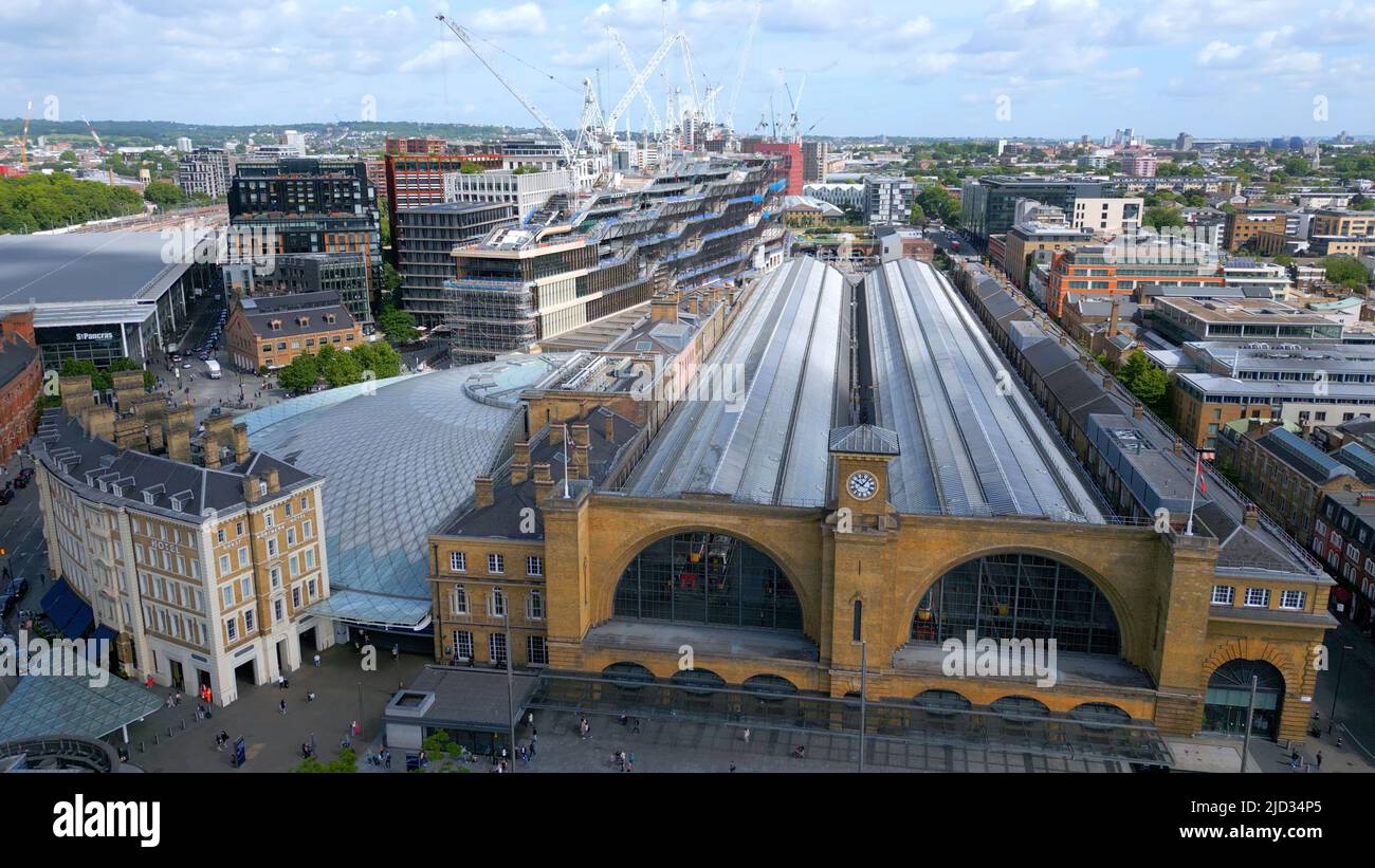 London Kings Cross and St Pancras Train stations from above - aerial view Stock Photo