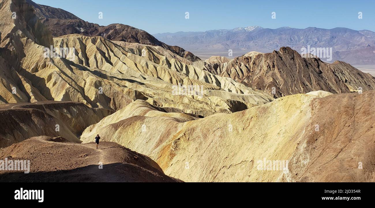 A solo hiker explores a spur trail at Red Cathedral with view over Golden Canyon at Death Valley National Park. Panamint Mountains in distance. Stock Photo