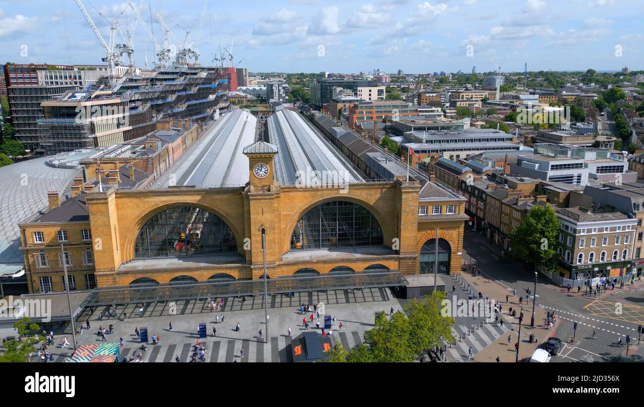 London Kings Cross and St Pancras Train stations from above - aerial view - LONDON, UK - JUNE 9, 2022 Stock Photo