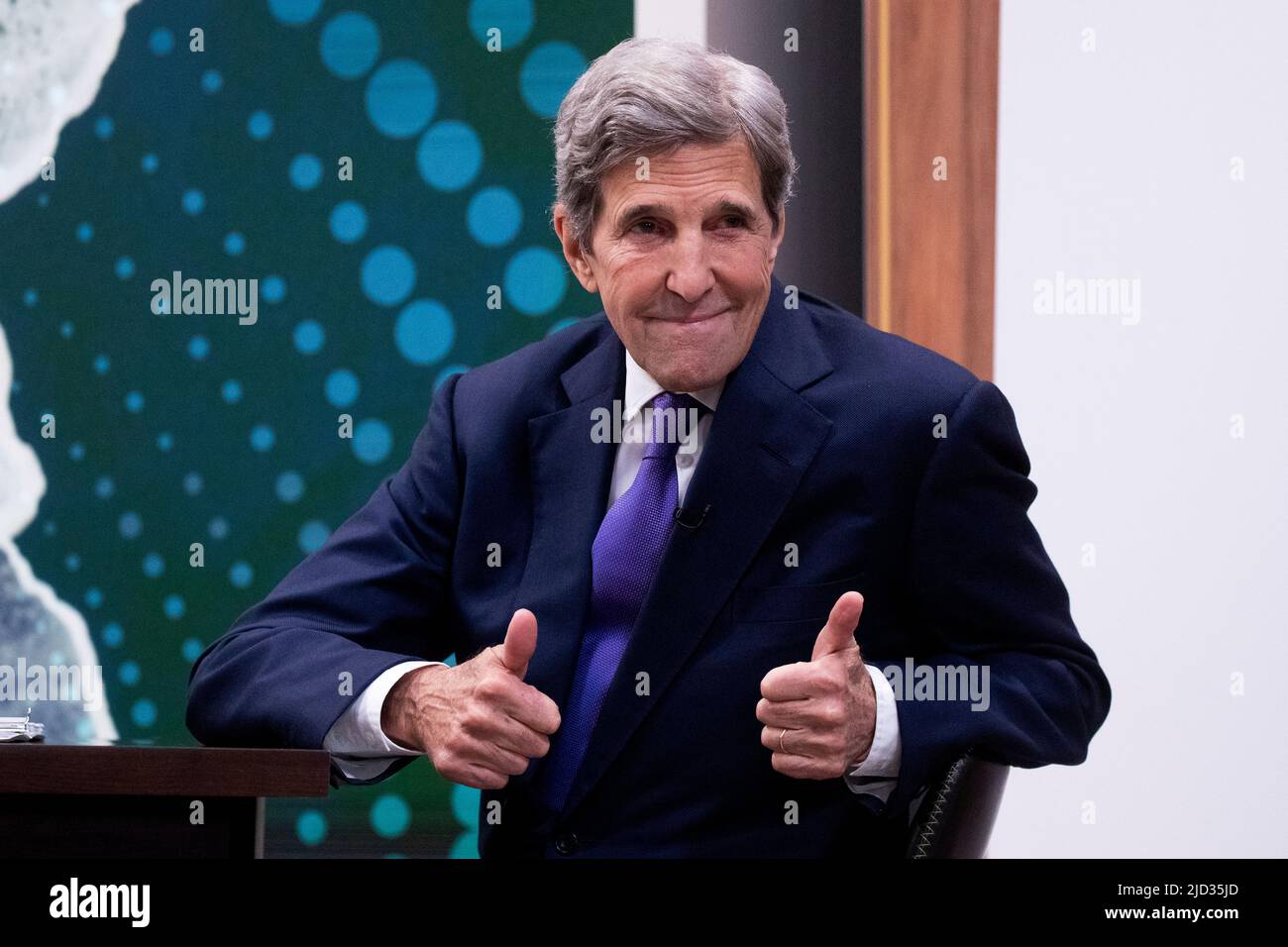 United States Special Presidential Envoy for Climate John Kerry gestures to members of the news media before the start of a virtual meeting with leaders of the Major Economies Forum on Energy and Climate (MEF), at the Eisenhower Executive Office Building on the White House complex, in Washington, DC, USA, 17 June 2022. Biden reconvened leaders of the MEF to discuss setting future emissions standards, energy and food security, and to ‘tackle the climate crisis', according to a White House statement.Credit: Michael Reynolds/Pool via CNP /MediaPunch Stock Photo