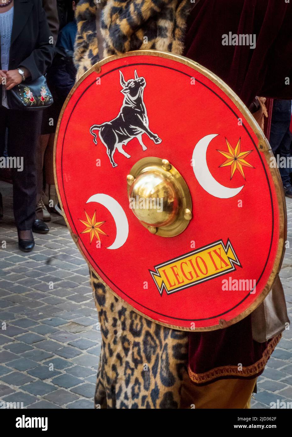 Shield of the Roman legions parading through the streets of Ubeda during its traditional Holy Week. Stock Photo