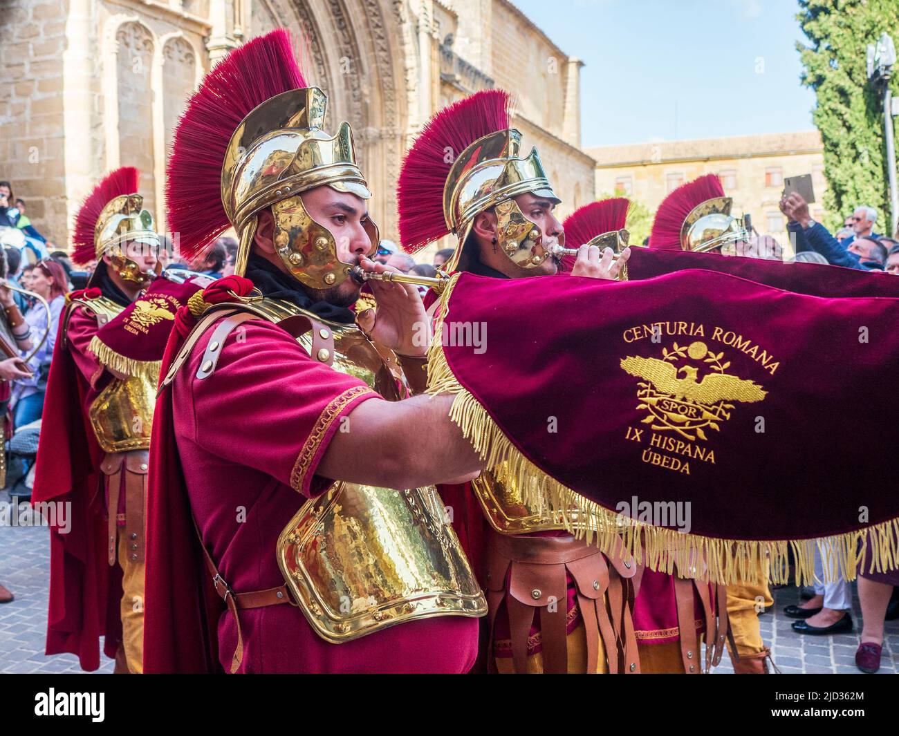 Drum and trumpet band parading through the streets of Ubeda during the celebration of the traditional Semana Santa (Holy Week). Stock Photo