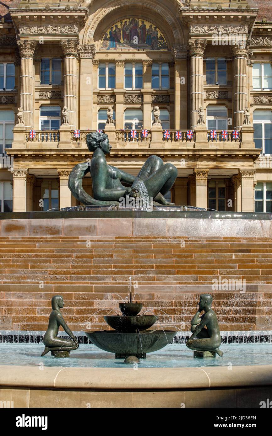 The Floozie in the Jacuzzi, Victoria Square, Birmingham. The water fountain has recently been reinstalled (2022) after the water feature remained unused for a number of years and made into a garden. Initially In 1993, Victoria Square was pedestrianised and remodelled. This included the installation of a massive water feature. Around the rim of the upper pool is a quotation from Burnt Norton, one of the Four Quartets by TS Eliot: In and around the fountain are four works by Dhruva Mistry: Stock Photo