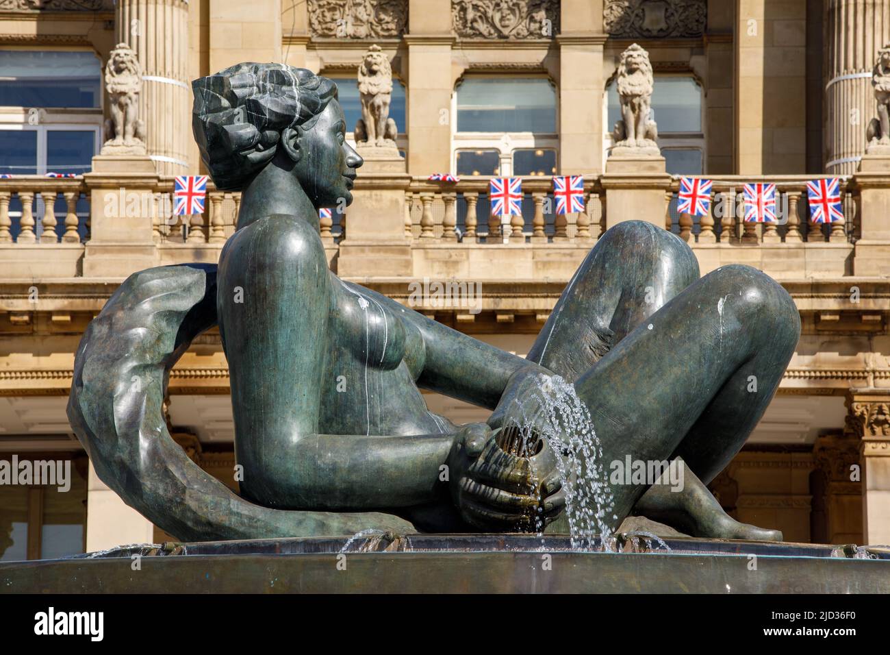The Floozie in the Jacuzzi, Victoria Square, Birmingham. The water fountain has recently been reinstalled (2022) after the water feature remained unused for a number of years and made into a garden. Initially In 1993, Victoria Square was pedestrianised and remodelled. This included the installation of a massive water feature. Around the rim of the upper pool is a quotation from Burnt Norton, one of the Four Quartets by TS Eliot: In and around the fountain are four works by Dhruva Mistry: Stock Photo