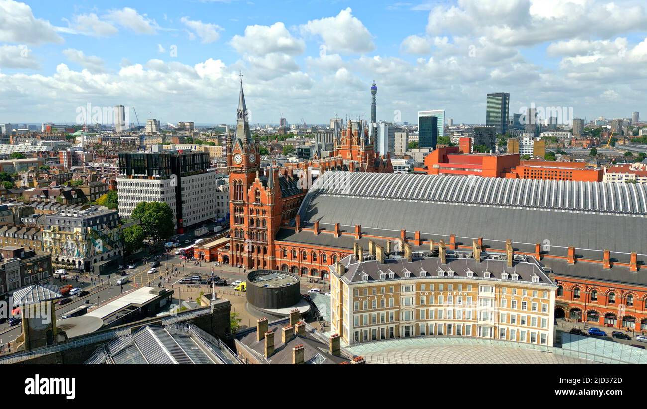 London Kings Cross and St Pancras Train stations from above - aerial view Stock Photo