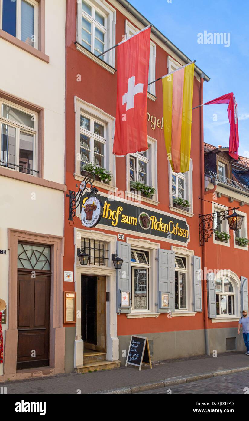 Heidelberg, Germany: June, 2. 2022: The Gasthaus Zum Roten Ochsen (Translation: pub Red oxen) in Heidelberg. A traditional student pubs in the city, t Stock Photo