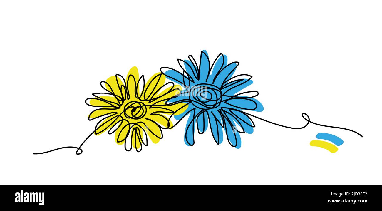 Daisies flowers vector illustration on black background.Ukrainian blue and yellow colors. One continuous line art drawing of dasies with Ukrainian Stock Vector