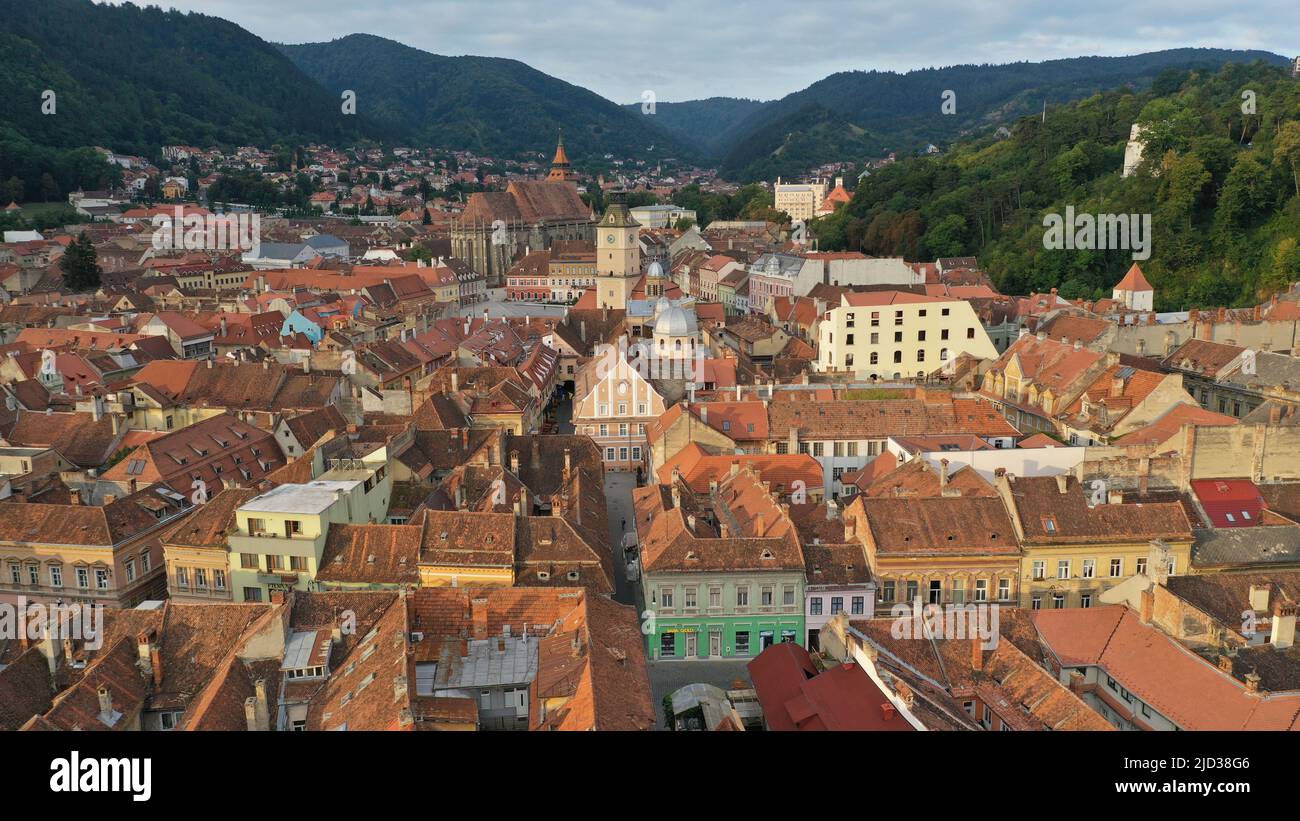 Drone top aerial view of Rasnov town in Transylvania, Romania Stock ...