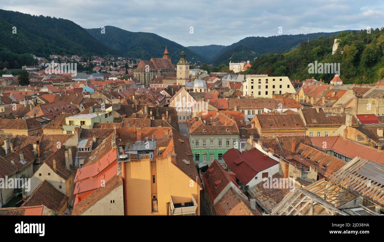 Drone top aerial view of Rasnov town in Transylvania, Romania Stock Photo