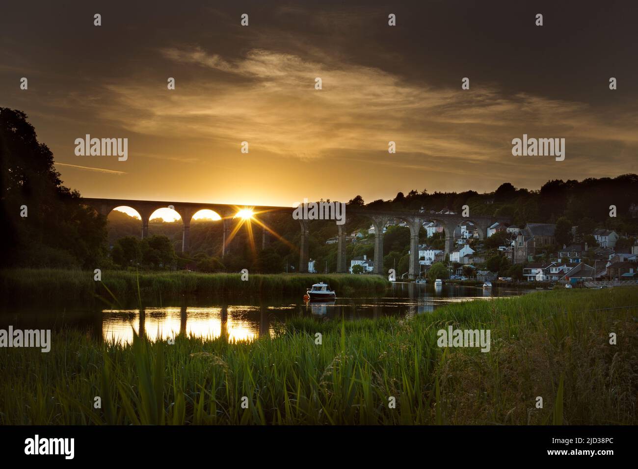 Sunset under the calstock viaduct, cornwall Stock Photo