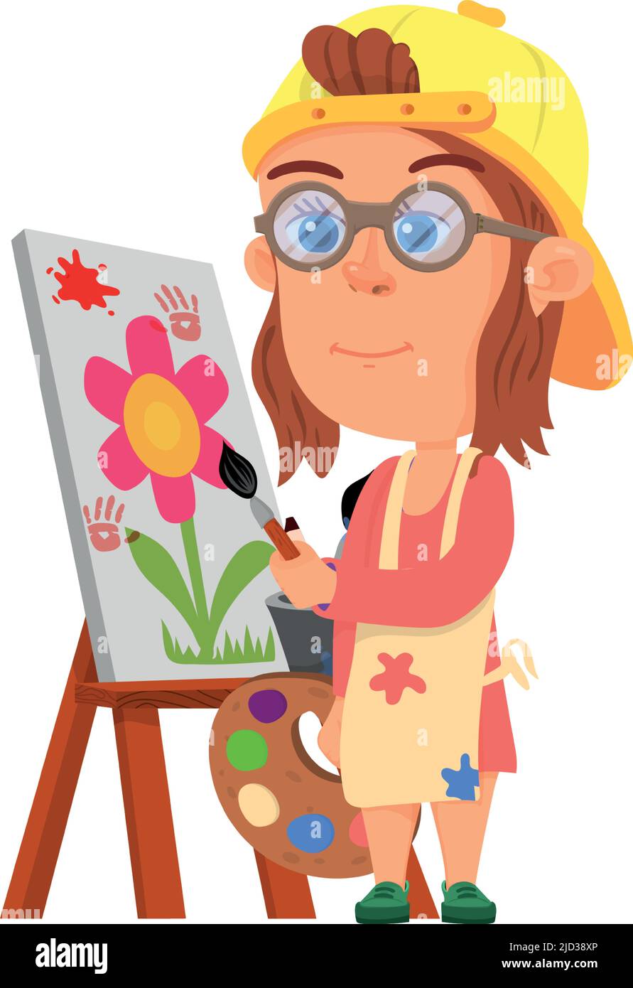 Kid artist character. Girl painting picture on canvas Stock Vector ...