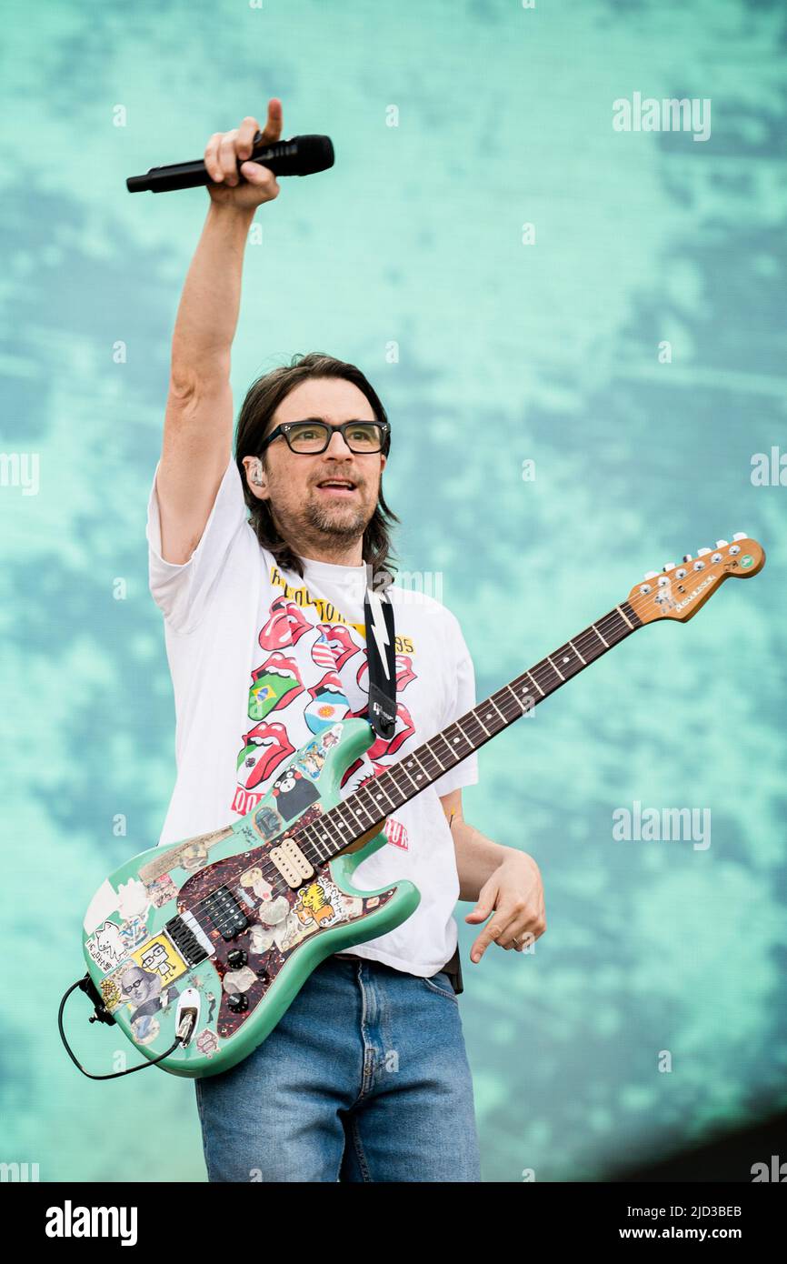 ITALY, MILAN, JUNE 15TH 2022: Rivers Cuomo, guitarist and singer of the American alternative rock band WEEZER preforms live on stage at Ippodromo SNAI La Maura during the 'I-Days Festival 2022' Stock Photo