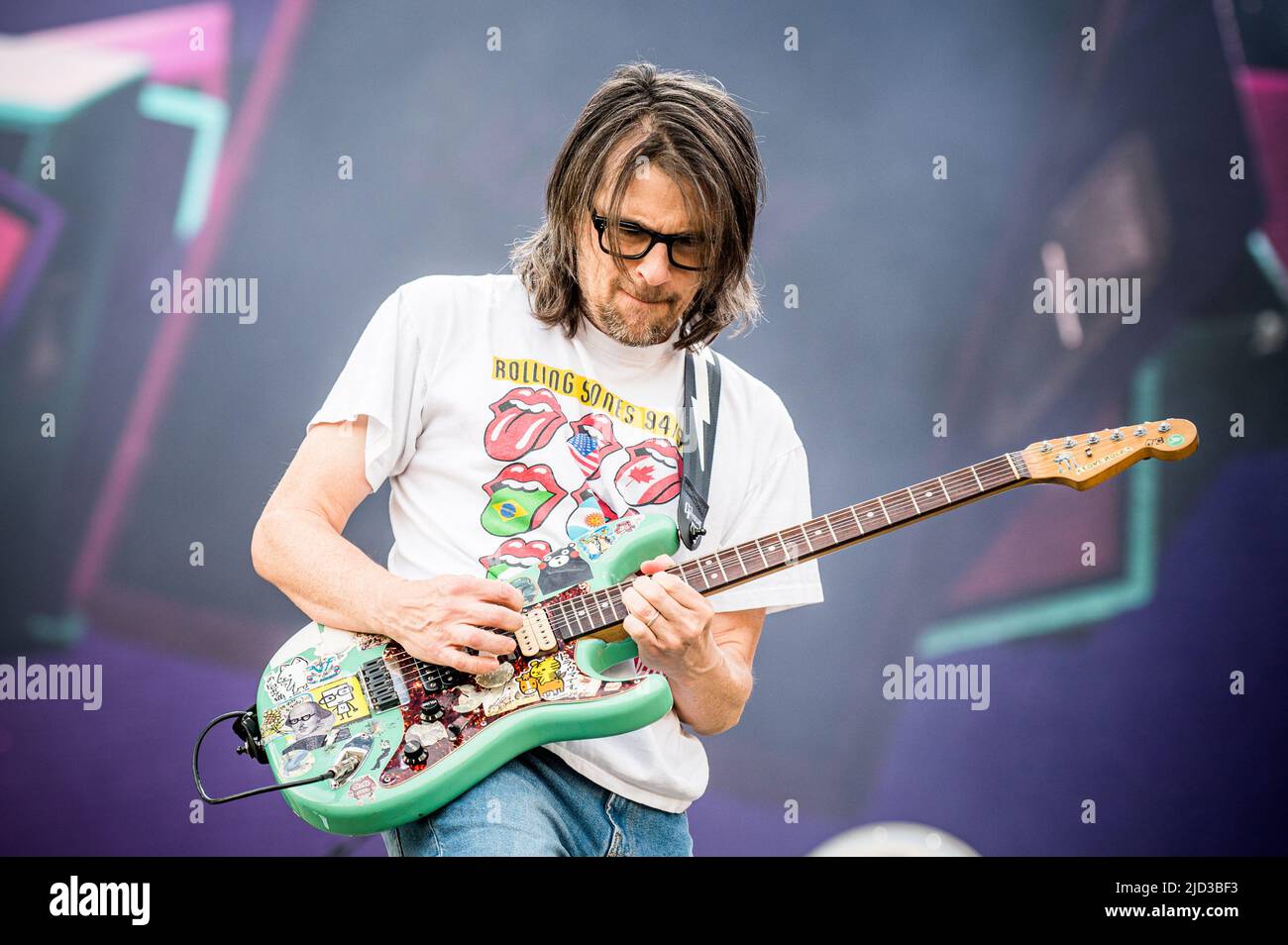ITALY, MILAN, JUNE 15TH 2022: Rivers Cuomo, guitarist and singer of the American alternative rock band WEEZER preforms live on stage at Ippodromo SNAI La Maura during the 'I-Days Festival 2022' Stock Photo