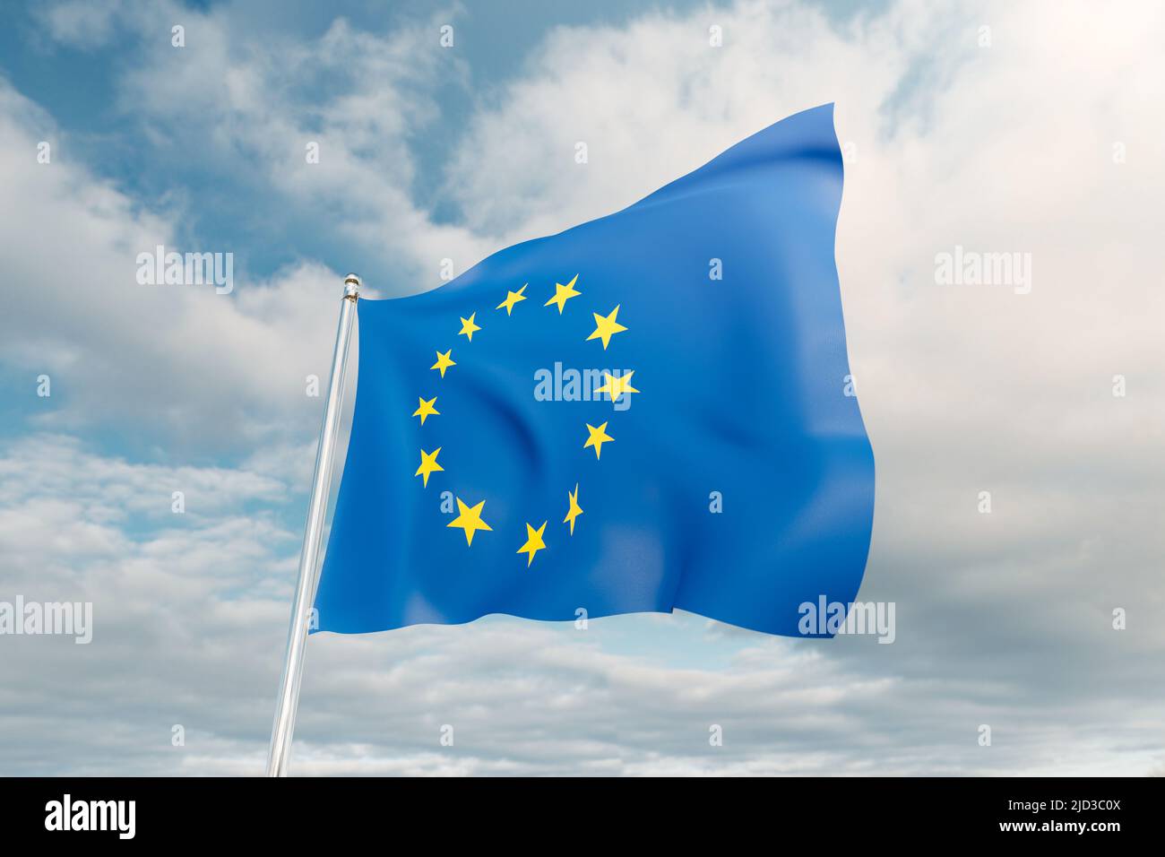 European Union flag against blue sky. 3d digitally generated image of EU flag on the flagpole in the wind Stock Photo