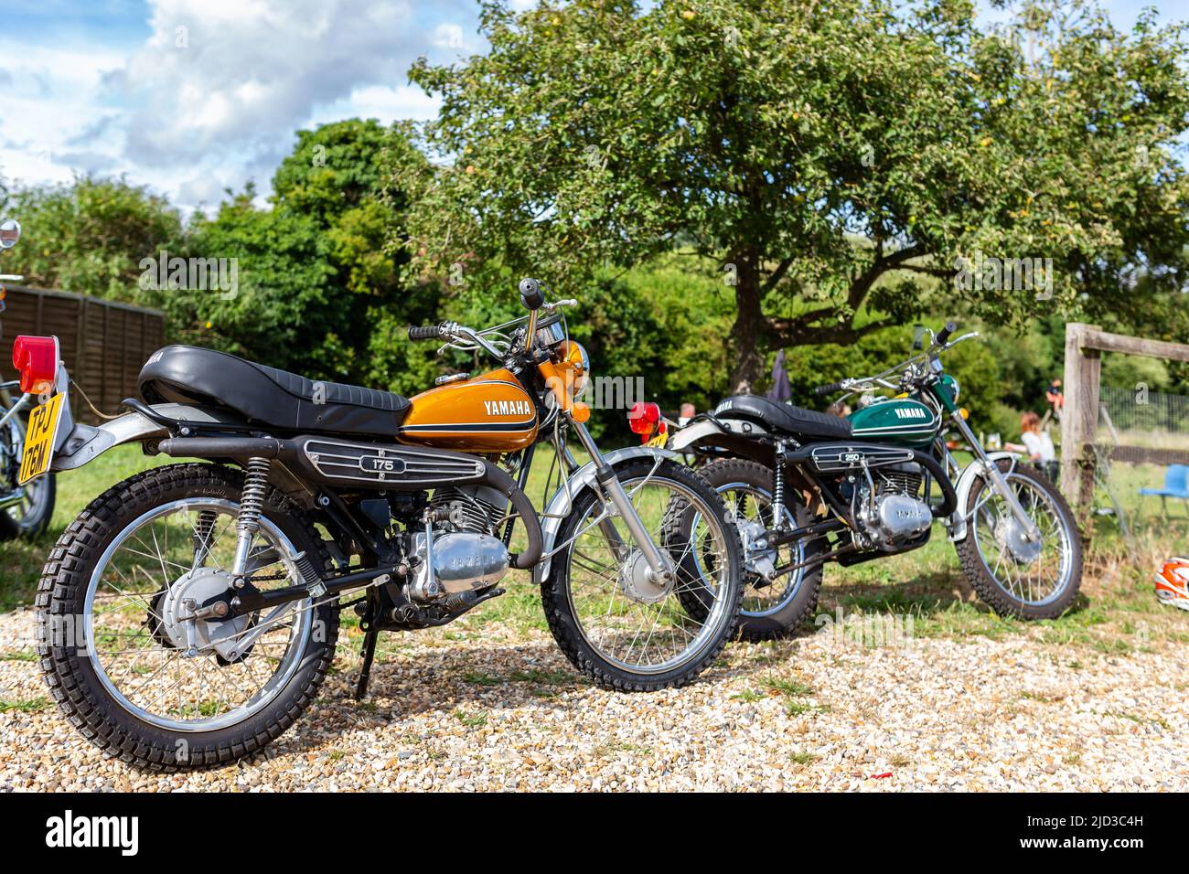 Woodbridge Suffolk UK August 14 2021: A classic 1973 Yamaha DT175 motorbike on display at a bikers meet Stock Photo