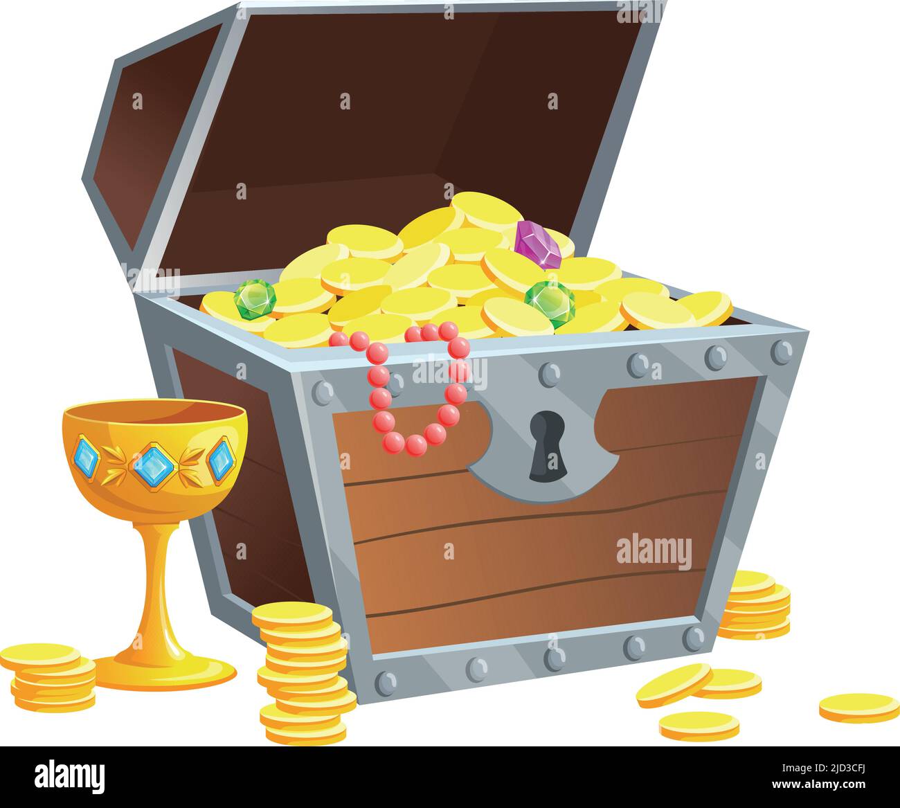 Pirate chest with golden coins and goblet. Treasure jewellery isolated on white background Stock Vector