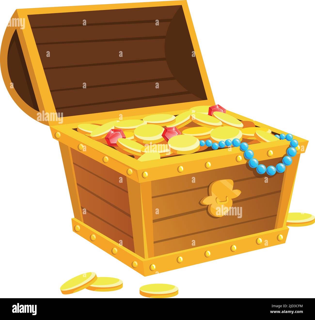 Open wooden chest full of gold. Jackpot icon. Game trophy isolated on white background Stock Vector