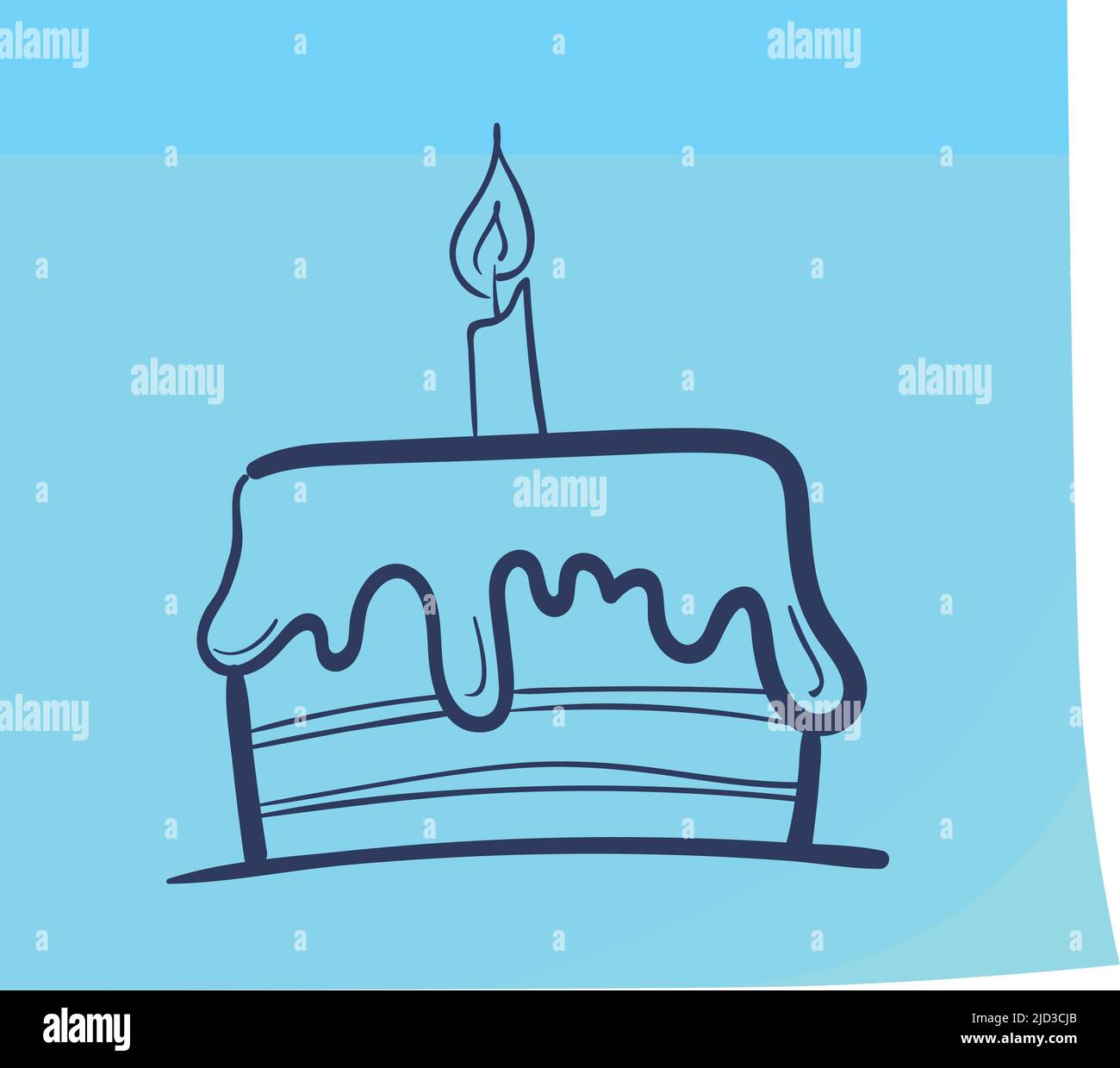 Birthday reminder note. Blue memo with cake sketch isolated on white