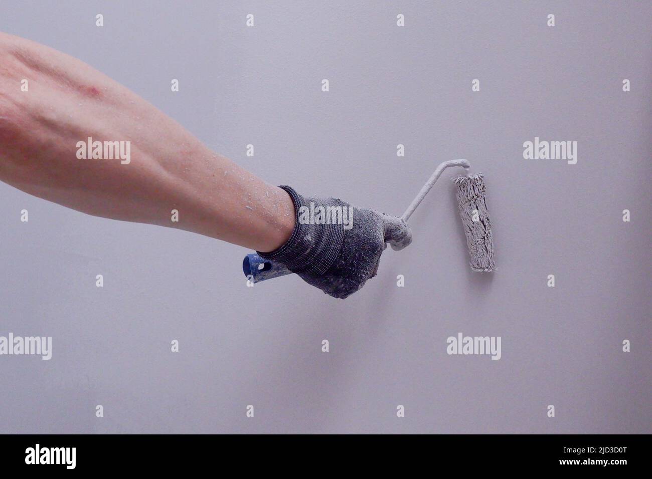 builders paint the wall with a roller Stock Photo Alamy