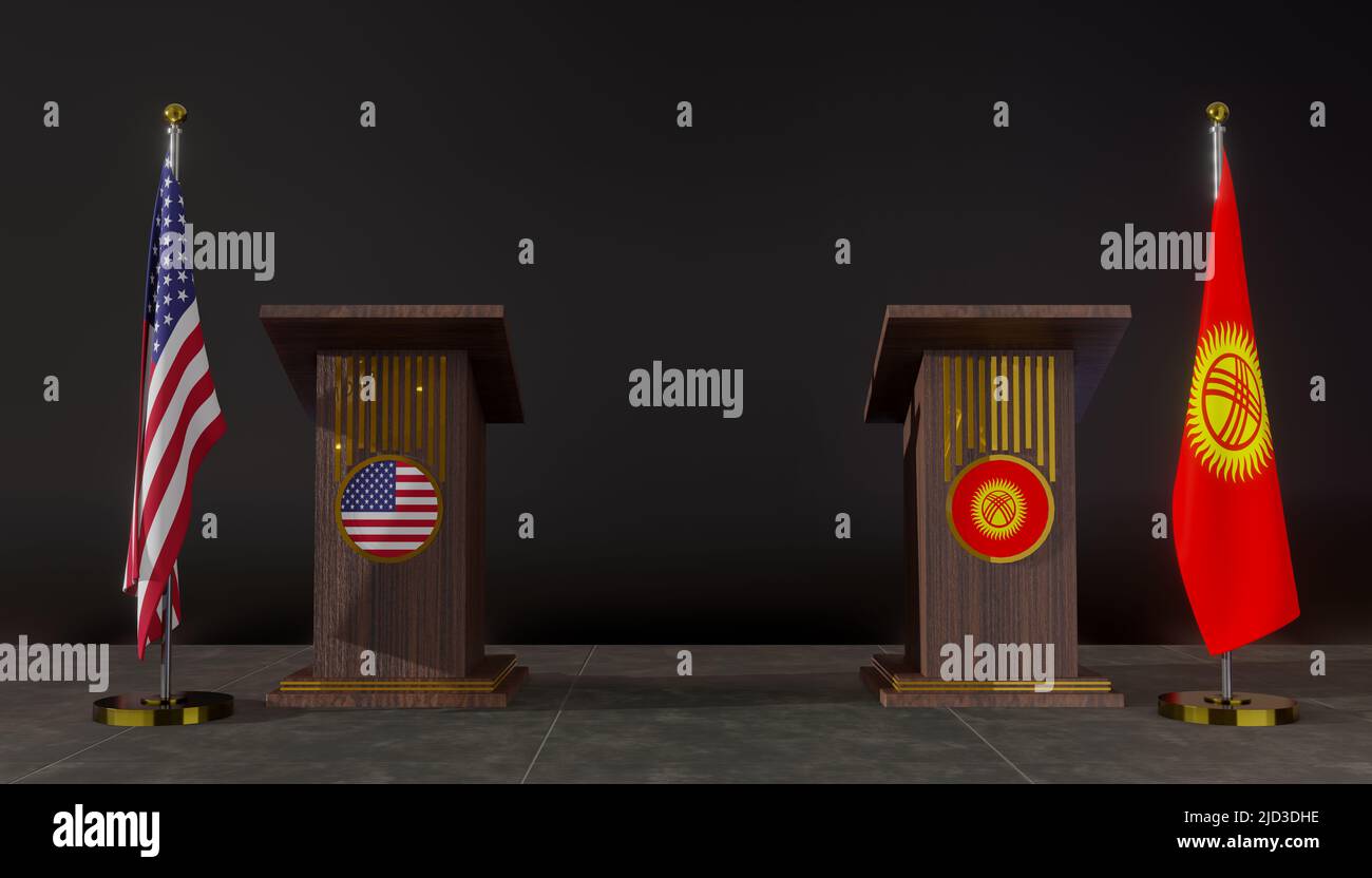 USA and Kyrgyzstan flags. USA and Kyrgyzstan flag. USA and Kyrgyzstan negotiations. Rostrum for speeches. 3D work and 3D image Stock Photo