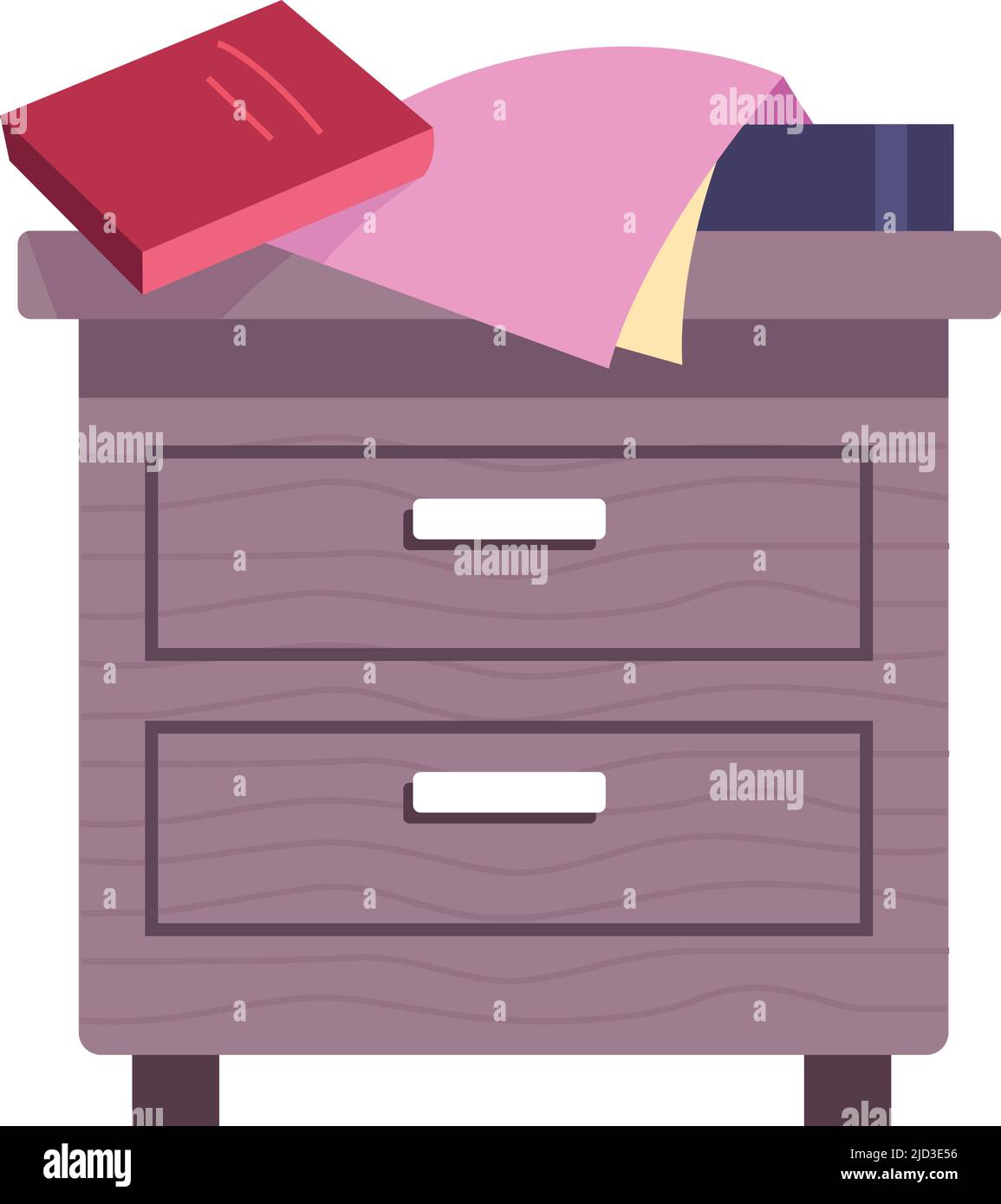 Nightstand with books. Wooden bedroom side table with drawers isolated