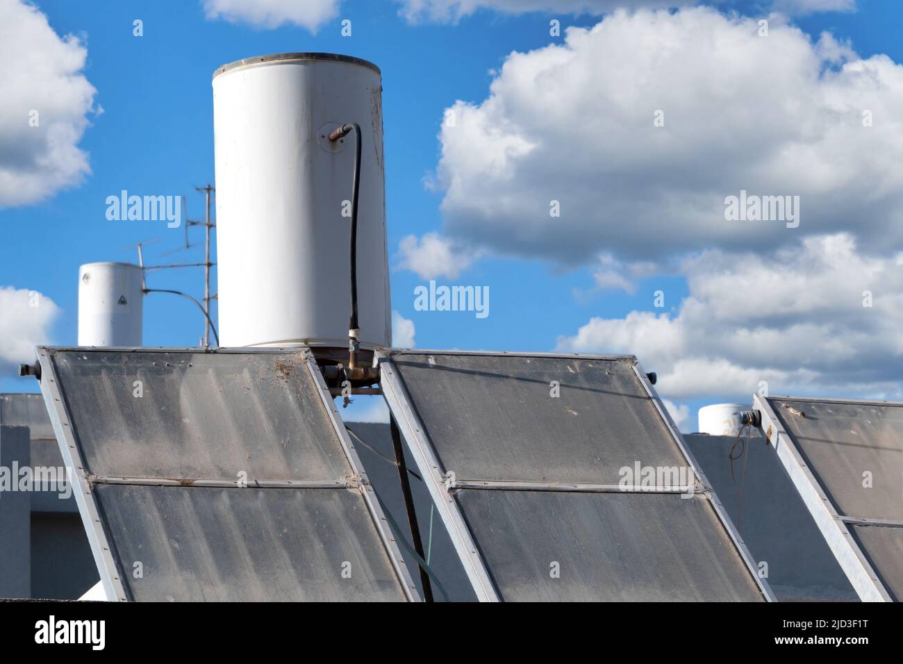 Solar water heating system on the house roof in Israel Stock Photo