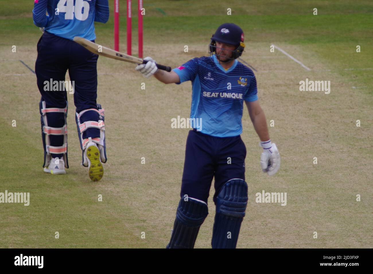 Chester le Street, UK. 8 June 2022. Adam Lyth, batting for Yorkshire Vikings, raising his bat to acknowledge the crowd after he reached his half century in a Vitality Blast match against Durham Cricket. Credit: Colin Edwards Credit: Colin Edwards/Alamy Live News Stock Photo