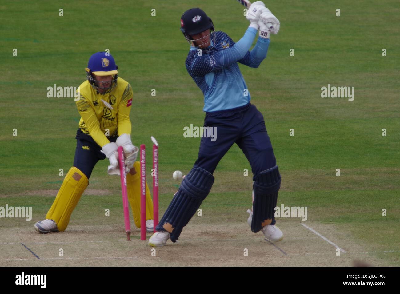Chester le Street, UK. 8 June 2022. Finn Allen, batting for Yorkshire Vikings is bowled by Scott Borthwick during their Vitality Blast match at the Riverside. Credit: Colin Edwards Credit: Colin Edwards/Alamy Live News Stock Photo