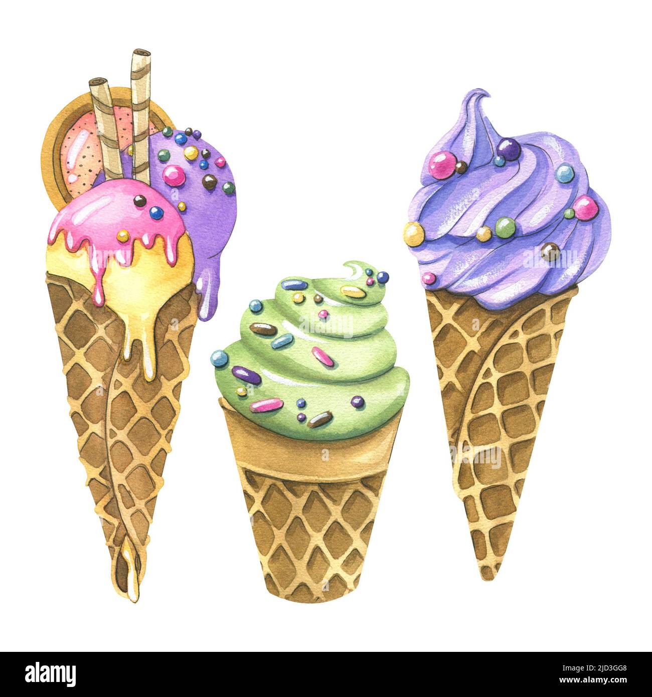 A set of ice cream in waffle cones and a cup. With pastry sprinkles ...