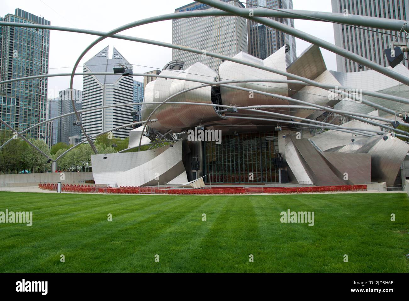 CHICAGO, ILLINOIS, UNITED STATES - MAY 12, 2018: Jay Pritzker Pavilion is the concert shell designed by architect Frank Gehry in Millennium Park on a Stock Photo