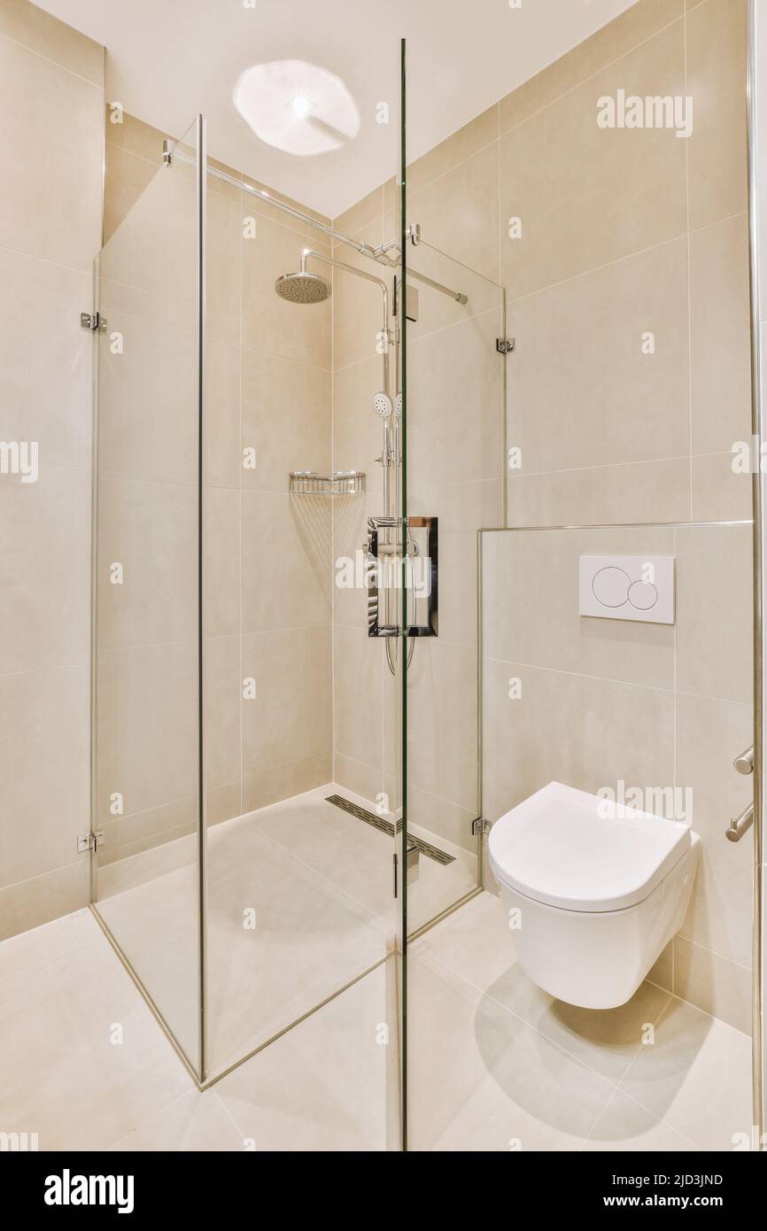 Toilet and shower box with glass door in modern bathroom with white ...